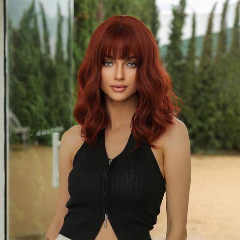 Aimole Wavy Red Wig with Bangs Shoulder Length Wigs Natural Looking Heat Resistant Synthetic Hair for Daily Use (Red) in Saudi Arabia