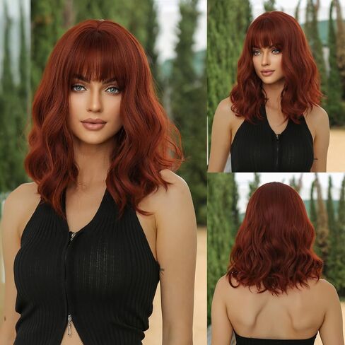 Aimole Wavy Red Wig with Bangs Shoulder Length Wigs Natural Looking Heat Resistant Synthetic Hair for Daily Use (Red) in Saudi Arabia