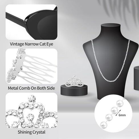 1920s Accessories for Women Black Pearl Choker Necklace Sunglasses Crowns Set Teal Blue Party Favors 6 Pcs Pearl Necklace 6 Pcs Vintage Cat Eye Sunglasses 6 Pcs Tiaras Crown for 1920s Themed Party in Kuwait