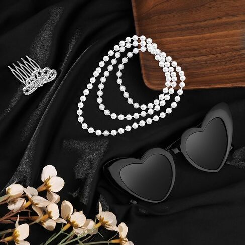 1920s Accessories for Women Black Pearl Choker Necklace Sunglasses Crowns Set Teal Blue Party Favors 6 Pcs Pearl Necklace 6 Pcs Vintage Cat Eye Sunglasses 6 Pcs Tiaras Crown for 1920s Themed Party in Kuwait