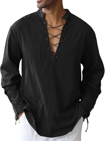 Runcati Mens Medieval Pirate Shirt Steampunk Renaissance Viking Retro Long Sleeve Lace Up Mercenary Halloween Costume Tops in Saudi Arabia