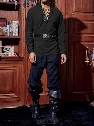Runcati Mens Medieval Pirate Shirt Steampunk Renaissance Viking Retro Long Sleeve Lace Up Mercenary Halloween Costume Tops in Saudi Arabia