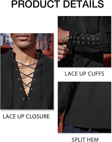 Runcati Mens Medieval Pirate Shirt Steampunk Renaissance Viking Retro Long Sleeve Lace Up Mercenary Halloween Costume Tops in Saudi Arabia