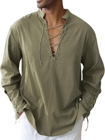 Runcati Mens Medieval Pirate Shirt Steampunk Renaissance Viking Retro Long Sleeve Lace Up Mercenary Halloween Costume Tops in Saudi Arabia