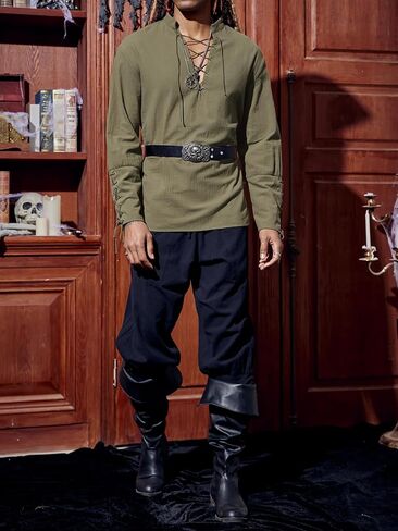Runcati Mens Medieval Pirate Shirt Steampunk Renaissance Viking Retro Long Sleeve Lace Up Mercenary Halloween Costume Tops in Saudi Arabia