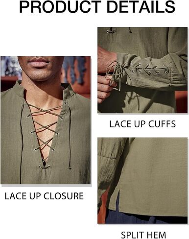 Runcati Mens Medieval Pirate Shirt Steampunk Renaissance Viking Retro Long Sleeve Lace Up Mercenary Halloween Costume Tops in Saudi Arabia
