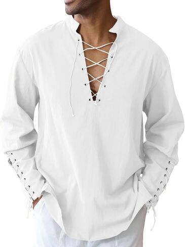 Runcati Mens Medieval Pirate Shirt Steampunk Renaissance Viking Retro Long Sleeve Lace Up Mercenary Halloween Costume Tops in Saudi Arabia