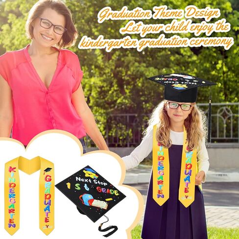 Kindergarten Graduation Cap with Printed Graduation Stole for Kids Adjustable Elastic Graduation Hat Tassel Sash in Saudi Arabia