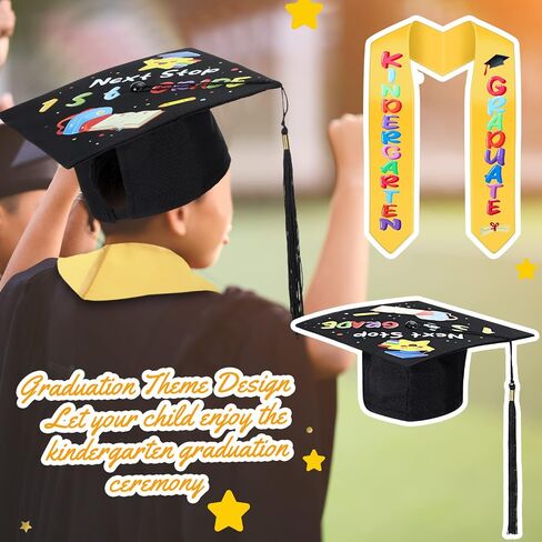 Kindergarten Graduation Cap with Printed Graduation Stole for Kids Adjustable Elastic Graduation Hat Tassel Sash in Saudi Arabia