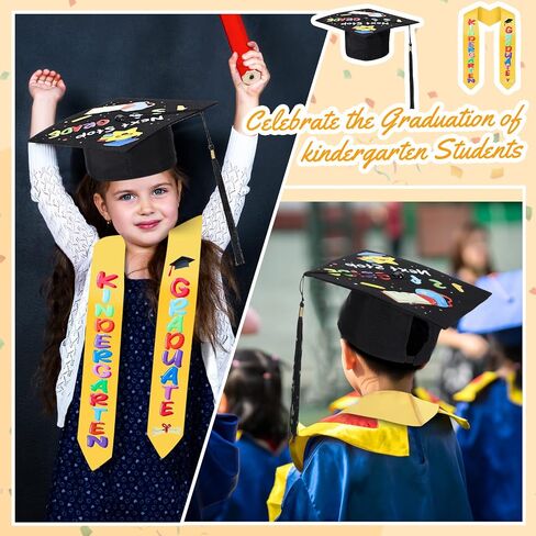 Kindergarten Graduation Cap with Printed Graduation Stole for Kids Adjustable Elastic Graduation Hat Tassel Sash in Saudi Arabia