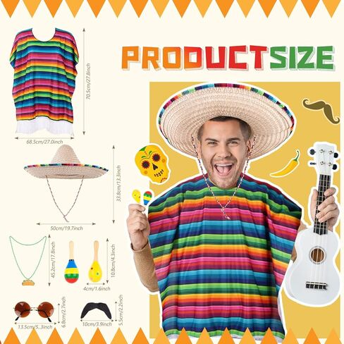 مجموعة أزياء الحفلات المكسيكية فييستا مكونة من 10 قطع من إكسسوارات أزياء سينكو دي مايو وقبعات سومبريرو وقبعات سيراب بونشو وهمية وشارب مكبرة وقلادة ماراكاس خشبية للخامس من مايو للنساء والرجال والبالغين in Kuwait