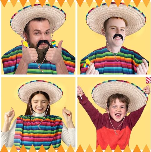 مجموعة أزياء الحفلات المكسيكية فييستا مكونة من 10 قطع من إكسسوارات أزياء سينكو دي مايو وقبعات سومبريرو وقبعات سيراب بونشو وهمية وشارب مكبرة وقلادة ماراكاس خشبية للخامس من مايو للنساء والرجال والبالغين in Kuwait