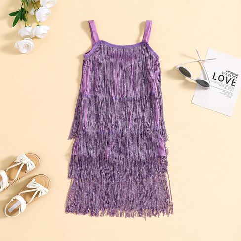 Little Kids Girls Sparkly Tassels Dress Sleeveless Square Neck Sequin Fringe Layer Zip Back Summer Party Latin Dresses in Saudi Arabia