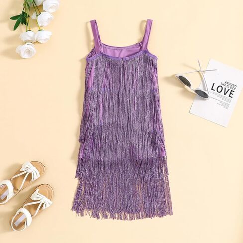 Little Kids Girls Sparkly Tassels Dress Sleeveless Square Neck Sequin Fringe Layer Zip Back Summer Party Latin Dresses in Saudi Arabia