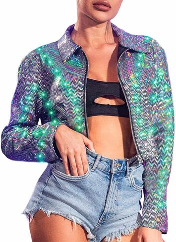 Edary Women's Light up Sequin Cropped Jacket LED Sparkly Long Sleeve Jacket Coats Night Club Glowing Jacket Costume in Saudi Arabia