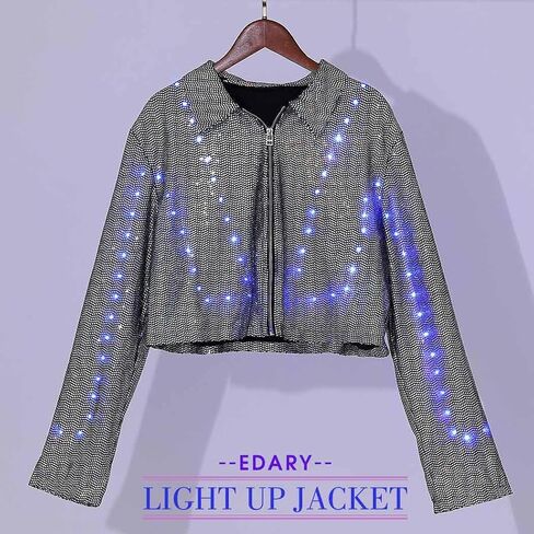 Edary Women's Light up Sequin Cropped Jacket LED Sparkly Long Sleeve Jacket Coats Night Club Glowing Jacket Costume in Saudi Arabia