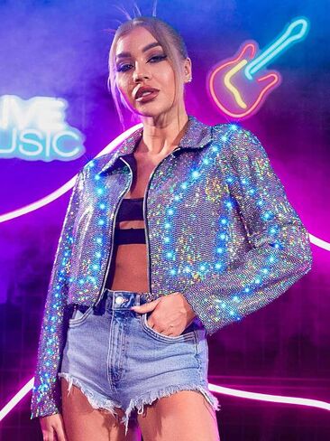 Edary Women's Light up Sequin Cropped Jacket LED Sparkly Long Sleeve Jacket Coats Night Club Glowing Jacket Costume in Saudi Arabia