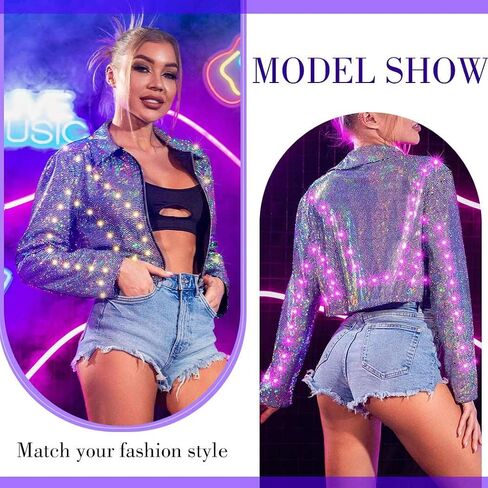 Edary Women's Light up Sequin Cropped Jacket LED Sparkly Long Sleeve Jacket Coats Night Club Glowing Jacket Costume in Saudi Arabia