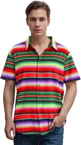 قميص رجالي مكسيكي بأزرار سفلية من Fiesta Serape Poncho زي قصير الأكمام للحفلات in Saudi Arabia