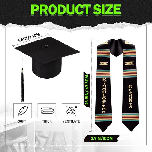 Jiuguva 2 Pcs Kindergarten Preschool Graduation Stole and Caps Set Child Size Kente Style Graduation Sash Hat with Tassel in Saudi Arabia