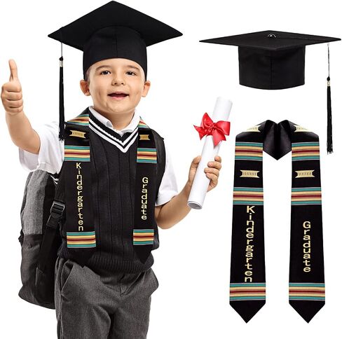 Jiuguva 2 Pcs Kindergarten Preschool Graduation Stole and Caps Set Child Size Kente Style Graduation Sash Hat with Tassel in Saudi Arabia