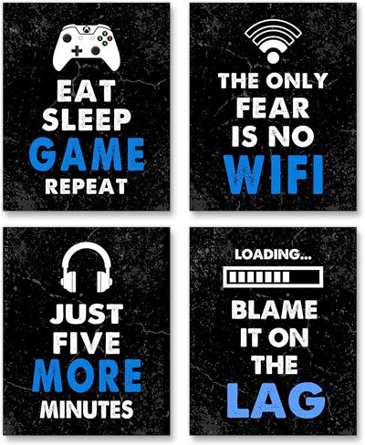 مجموعة ديكور ألعاب الفيديو مكونة من 4 قطع (8 × 10 بوصة)، ديكورات غرفة الأولاد لغرفة النوم، لوحة فنية جدارية للألعاب للأطفال الأولاد في غرفة اللعب، ديكور منزلي، لوحة فنية جدارية للاعب، غرفة نوم للمراهقين، غرفة ألعاب، بدون إطارات (أسود) in Kuwait