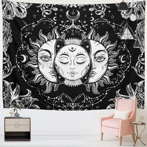Sun and Moon Tapestry, Sun with Stars Psychedelic Popular Mystic Wall Hanging Tapestry for bedroom aesthetic Black and White Beach Blanket (medium-59 x 51 in) in Saudi Arabia