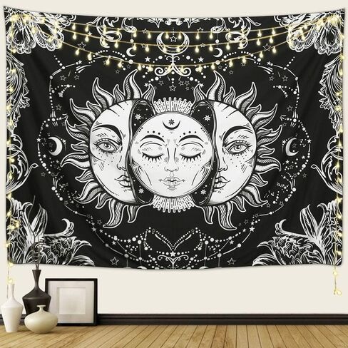 Sun and Moon Tapestry, Sun with Stars Psychedelic Popular Mystic Wall Hanging Tapestry for bedroom aesthetic Black and White Beach Blanket (medium-59 x 51 in) in Saudi Arabia