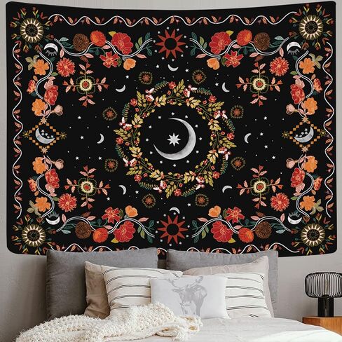 Wall Tapestry Bohemian - Floral Vine Tapestry Wall Hanging Celestial Sun Moon and Star Tapestries Hippie Home Decor Boho Tapestry for Bedroom Aesthetic (Cream, Large (60ʺx 80ʺ)) in Saudi Arabia