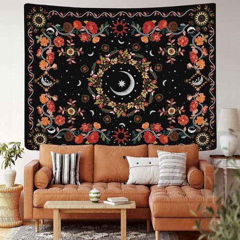 Wall Tapestry Bohemian - Floral Vine Tapestry Wall Hanging Celestial Sun Moon and Star Tapestries Hippie Home Decor Boho Tapestry for Bedroom Aesthetic (Cream, Large (60ʺx 80ʺ)) in Saudi Arabia