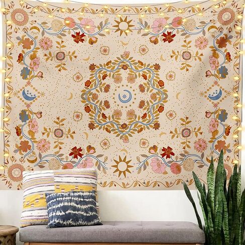 Wall Tapestry Bohemian - Floral Vine Tapestry Wall Hanging Celestial Sun Moon and Star Tapestries Hippie Home Decor Boho Tapestry for Bedroom Aesthetic (Cream, Large (60ʺx 80ʺ)) in Saudi Arabia