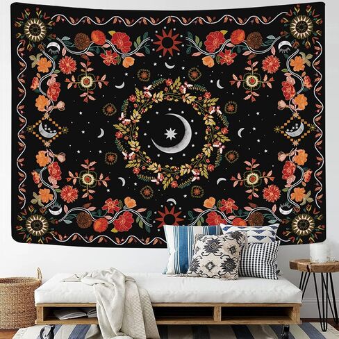 Wall Tapestry Bohemian - Floral Vine Tapestry Wall Hanging Celestial Sun Moon and Star Tapestries Hippie Home Decor Boho Tapestry for Bedroom Aesthetic (Cream, Large (60ʺx 80ʺ)) in Saudi Arabia