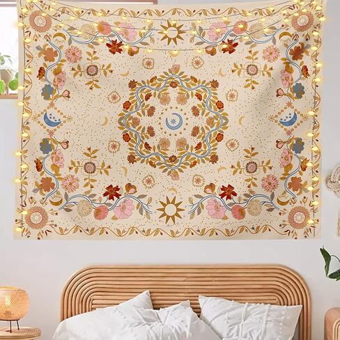 Wall Tapestry Bohemian - Floral Vine Tapestry Wall Hanging Celestial Sun Moon and Star Tapestries Hippie Home Decor Boho Tapestry for Bedroom Aesthetic (Cream, Large (60ʺx 80ʺ)) in Saudi Arabia