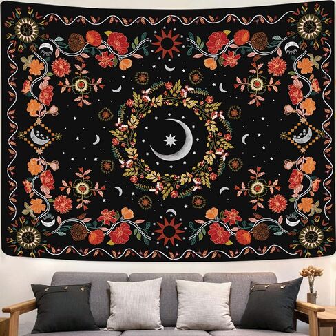 Wall Tapestry Bohemian - Floral Vine Tapestry Wall Hanging Celestial Sun Moon and Star Tapestries Hippie Home Decor Boho Tapestry for Bedroom Aesthetic (Cream, Large (60ʺx 80ʺ)) in Saudi Arabia