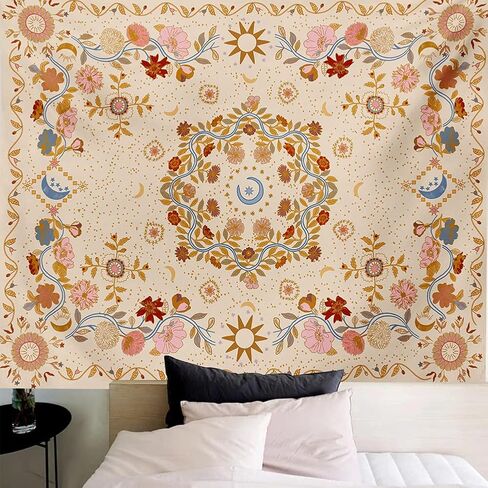 Wall Tapestry Bohemian - Floral Vine Tapestry Wall Hanging Celestial Sun Moon and Star Tapestries Hippie Home Decor Boho Tapestry for Bedroom Aesthetic (Cream, Large (60ʺx 80ʺ)) in Saudi Arabia