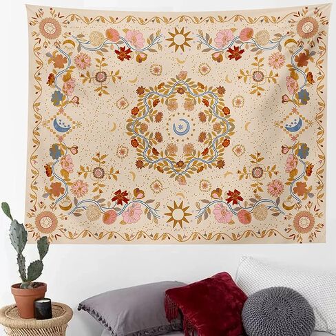 Wall Tapestry Bohemian - Floral Vine Tapestry Wall Hanging Celestial Sun Moon and Star Tapestries Hippie Home Decor Boho Tapestry for Bedroom Aesthetic (Cream, Large (60ʺx 80ʺ)) in Saudi Arabia