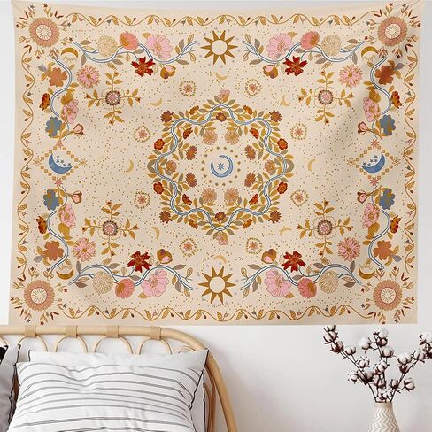 Wall Tapestry Bohemian - Floral Vine Tapestry Wall Hanging Celestial Sun Moon and Star Tapestries Hippie Home Decor Boho Tapestry for Bedroom Aesthetic (Cream, Large (60ʺx 80ʺ)) in Saudi Arabia