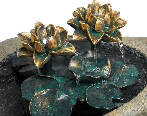 Alpine Corporation USA1393 قاعدة أرضية خارجية عتيقة، نافورة مياه صخرية لوتس، شلال بقاعدة مهدئة، 76.2 سم، بني in Kuwait