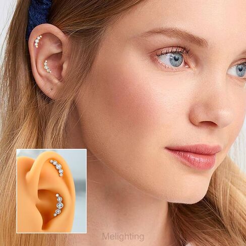 Melighting Silver Curved Cartilage Earring Sterling Silver 925 Helix Earring Internally Threaded 16G Clear CZ Silver Flat Back Earring Tragus Piercing Jewelry 8mm in Saudi Arabia