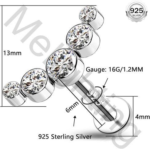 Melighting Silver Curved Cartilage Earring Sterling Silver 925 Helix Earring Internally Threaded 16G Clear CZ Silver Flat Back Earring Tragus Piercing Jewelry 8mm in Saudi Arabia