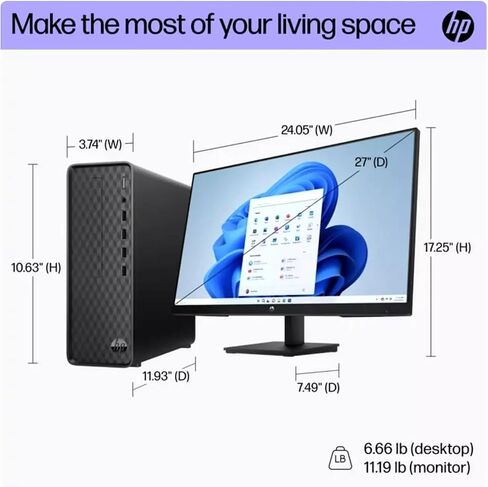 HP Slim Desktop PC & 27" FHD IPS Monitor, 12th Gen 4-Core i3-12100 Processor, 8GB RAM, 512GB SSD, Keyboard & Mouse, Ethernet, WiFi, Bluetooth, Windows 11 Pro in Saudi Arabia