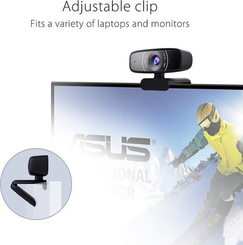 كاميرا ASUS WebCAM C3 1080P HD USB - الميكروفون المصنوع من الإمالة ، قابلة للتعديل ، تدور 360 درجة ، مجال عرض واسع ، متوافق مع فرق Skype و Microsoft والتكبير (المتجدد) in Kuwait