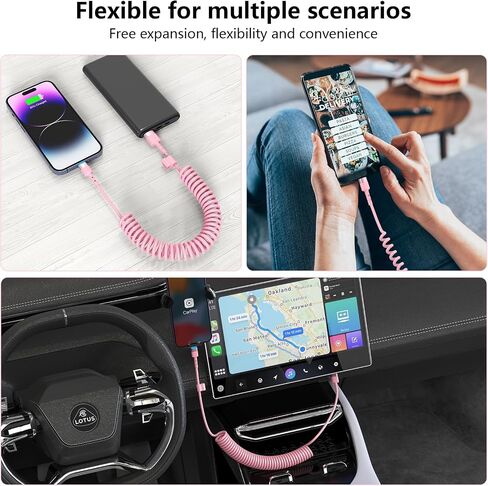 2Pack CarPlay USB-C to Lightning iPhone USB Coiled Charger Cable for Car/Uber,4Ft Apple Short Charging Cord Sync Data Retractable Charger Connector for iPhone14/13/12/11 SE/Xr/iPad[MFi Certified]-Pink in Saudi Arabia