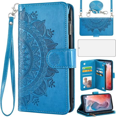 Asuwish Phone Case for Motorola Moto G Play 2024 4G Wallet Cell Cover with Screen Protector Lanyard Wrist Strap Mandala Flower Zipper Card Holder Slot Stand XT2413V XT2413-1 64GB Women Girls Purple in Saudi Arabia