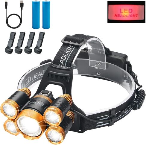 Rechargeable Headlamp, 2000 Lumen Ultra Bright 5 LED Head Lamp for Adults, Waterproof Zoomable Headlight Flashlight, Work Outdoor Hard Hat Light for Camping Hiking Fishing Hunting in Saudi Arabia