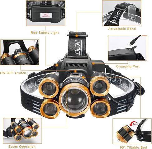 Rechargeable Headlamp, 2000 Lumen Ultra Bright 5 LED Head Lamp for Adults, Waterproof Zoomable Headlight Flashlight, Work Outdoor Hard Hat Light for Camping Hiking Fishing Hunting in Saudi Arabia