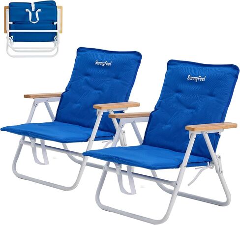 SUNNYFEEL Foldable Beach Chair, Beach Chair Backup with Wood Armrest & Cushion, Lightweight Camping Chair Heavy Duty for Beach, Camping, Lawn, Outdoor, Blue in Saudi Arabia