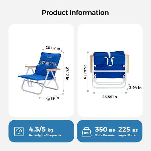 SUNNYFEEL Foldable Beach Chair, Beach Chair Backup with Wood Armrest & Cushion, Lightweight Camping Chair Heavy Duty for Beach, Camping, Lawn, Outdoor, Blue in Saudi Arabia
