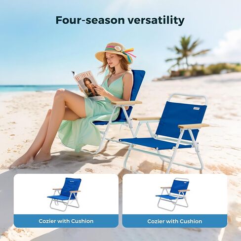 SUNNYFEEL Foldable Beach Chair, Beach Chair Backup with Wood Armrest & Cushion, Lightweight Camping Chair Heavy Duty for Beach, Camping, Lawn, Outdoor, Blue in Saudi Arabia