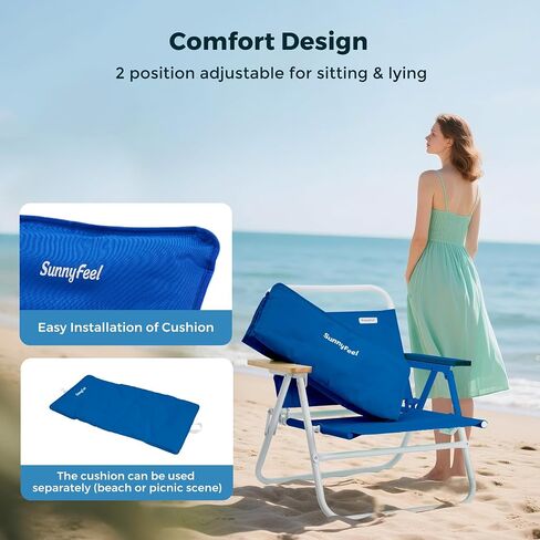 SUNNYFEEL Foldable Beach Chair, Beach Chair Backup with Wood Armrest & Cushion, Lightweight Camping Chair Heavy Duty for Beach, Camping, Lawn, Outdoor, Blue in Saudi Arabia